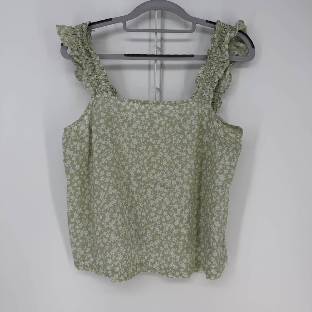 J.Crew Tank Top Womens Small Green Floral Ruffle Strap Square Neck Boho Cottage